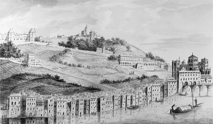 Een uitzicht op de haven van de stad Lyon vanaf de Rhône, 1870